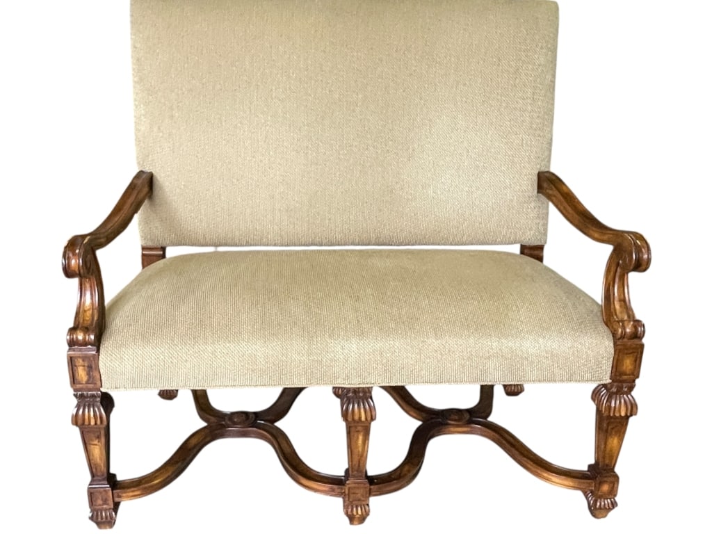 NEOCLASSICAL CARVED WOOD FRAMED BENCH 47": LUXURIOUS WOOD-FRAMED UPHOLSTERED BENCH WITH ORNATE CARVED DETAILSELEGANT AND STURDY BENCH FEATURING A TIGHTLY UPHOLSTERED BACK AND SEAT IN A NEUTRAL TEXTURED FABRIC, SUPPORTED BY A BEAUTIFULLY CARVED