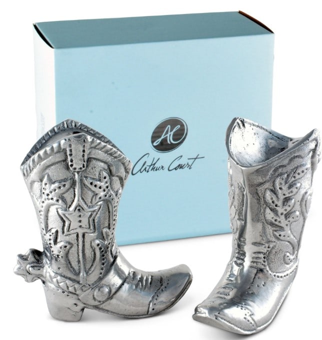 NEW! ARTHUR COURT COWBOY BOOTS S/P SHAKERS: Kick off your western-themed party with this best-selling Cowboy Boot Salt and Pepper Set from Arthur Court. Stars and hearts highlight the distinguished designs within the boots, which signify leathe