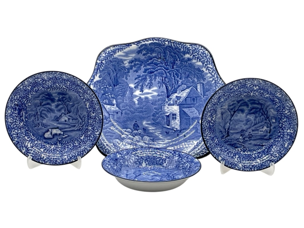 4 FENTON BLUE AND WHITE DISHES: 4 FENTON BLUE AND WHITE DISHES -VERY GOOD PRE OWNED CONDITION -INCLUDES ONE LARGE DISH APPROX 10" X 8.5", AND 3 SMALL DISHES APPROX 5.5" -CHARMING ASSORTMENT OF VINTAGE ENGLISH BLUE & WHITE TRANSFERWA