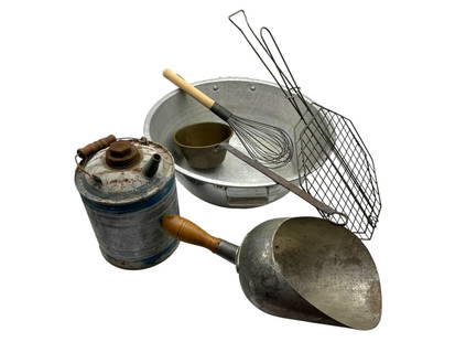 RUSTIC VINTAGE FARMHOUSE COOKING TOOLS LOT: RUSTIC VINTAGE FARMHOUSE COOKING TOOLS LOT -VINTAGE CONDITION, WARE IS CONSISTANT WITH AGE AND USE -GRILL TURNER, APPROX. 20" -OIL KETTLE, APPROX. 10" -LADLE, APPROX. 20" -FOOD SCOOP, APPROX. 16" -LAR