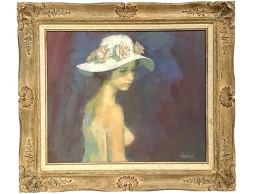 OIL PAINTING OF WOMAN IN SUN HAT SIGNED ANDORA 31"