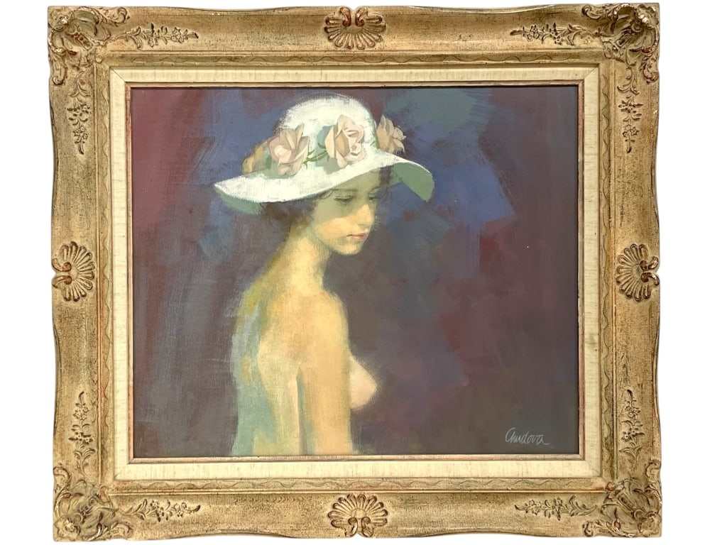 OIL PAINTING OF WOMAN IN SUN HAT SIGNED ANDORA 31" (1 of 4)