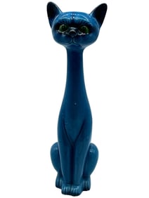 MID MOD CERAMIC CAT W BLUE GLAZE BY SADEK 18"