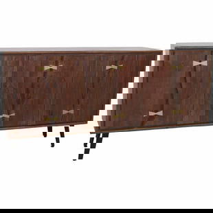 MID MOD STYLE ASTHER WOOD SIDEBOARD 63": MID MOD STYLE ASTHER WOOD SIDEBOARD _x001C_ | MID-CENTURY MODERN STYLE WOODEN CABINET FEATURING NATURAL LIVE EDGE DOORS ACCENTED WITH INLAID BRASS BUTTERFLY JOINTS AND SLEEK BLACK ANGLED LEGS. THIS FO