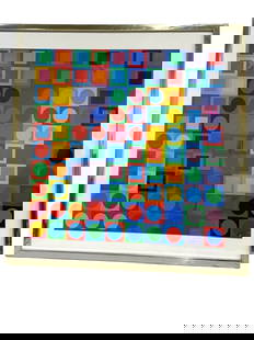 VICTOR VASARELY PLANETARY FOLKLORE PRINT 31": STRIKING AND COLORFUL VICTOR VASARELY PRINT FROM THE ICONIC "PLANETARY FOLKLORE" SERIES. THIS VIBRANT OP ART WORK FEATURES A HYPNOTIC GRID OF GEOMETRIC SHAPES IN VARYING BRIGHT COLORS THAT SHIFT PERCE