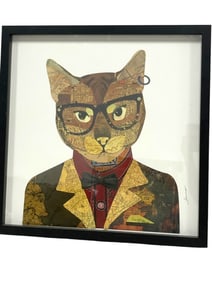 ALEX ZENG MIXED MEDIA CAT IN SUIT COLLAGE 24"