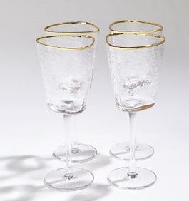 SET OF 4 HAMMERED WINE GLASSES W GOLD RIM