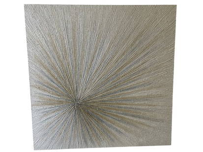 TEXTURED METALLIC SUNBURST WALL ART 48": LARGE TEXTURED METALLIC SUNBURST WALL ART ON CANVAS FEATURING A RADIATING DESIGN WITH INTRICATE RAISED LINES IN SILVER AND GOLD TONES. THIS MODERN ABSTRACT PIECE CREATES A BOLD VISUAL IMPACT WITH ITS