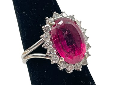 OVAL PINK RUBY AND DIAMOND STYLE RING SZ 6.75