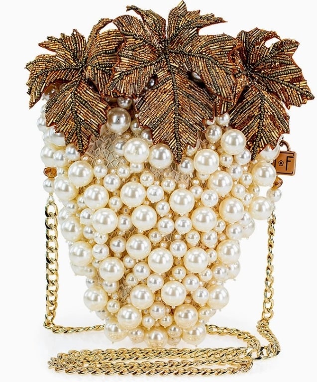 NEW MARY FRANCES GRAPES GALORE PEARL HANDBAG: NEW MARY FRANCES GRAPES GALORE BEADED AND PEARL CLUSTER OF GRAPES HANDBAG -NEW -6.5 X 2.75 X 7.5 ", STRAP LENGTH: 49", DROP: 22.75" -GRAPES GALORE IS AN ENCHANTING CREATION, FEATURING A CASCADE OF GLO