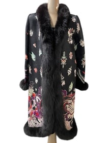 BLACK BROCADE COAT WITH COLORFUL PATTERN