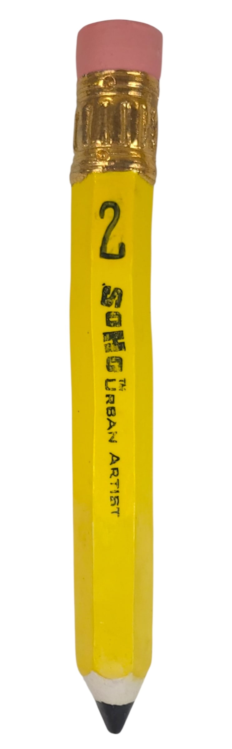 RAY GROSS SOHO URBANE ARTIST PENCIL SCULPTURE 18": FEATURING A LIFE-SIZED YELLOW PENCIL WITH 23K GOLD GLAZE AND ACRYLIC DETAILING. THIS METICULOUSLY CRAFTED PIECE COMBINES POP ART INFLUENCE WITH FINE ARTISTRY, SHOWCASING GROSS'S SIGNATURE STYLE THAT E