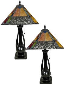 PAIR OF ART DECO STYLE STAINED GLASS TABLE LAMPS