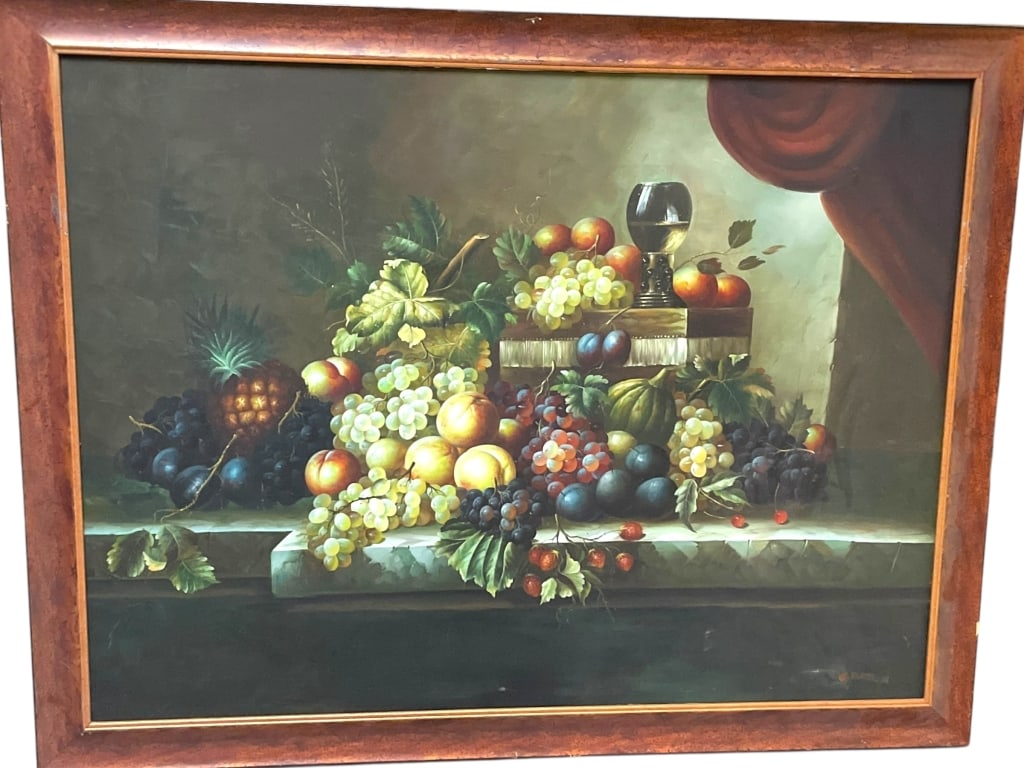 LARGE SIGNED STILL LIFE PAINTING BY M. BORAN 53": LARGE SIGNED STILL LIFE PAINTING BY M. BORAN – A CLASSICAL FRUIT-AND-WINE COMPOSITION DEPICTING AN OPULENT ARRANGEMENT OF GRAPES, PEACHES, APPLES, PINEAPPLE, AND OTHER HARVEST FRUIT ON A MARBLE LEDG