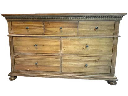 RESTORATION HARDWARE ST. JAMES DRESSER 60": RESTORATION HARDWARE ST. JAMES DRESSER | RESTORATION HARDWARE SOLID WOOD DRESSER – CLASSICALLY STYLED WITH A NATURAL WOOD FINISH AND DENTIL MOLDING DETAIL ALONG THE TOP EDGE. FEATURES SEVEN SPACIOUS