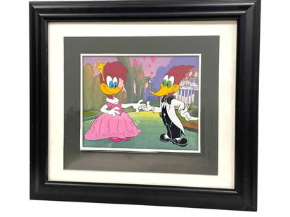 WOODY WOODPECKER & WINNIE ANIMATION CEL 27": WOODY WOODPECKER & WINNIE LIMITED EDITION FRAMED ANIMATION CELFRAMED LIMITED EDITION ANIMATION CEL FEATURING WOODY WOODPECKER AND WINNIE WOODPECKER IN A ROMANTIC SCENE, WITH WOODY IN A TUXEDO AND WINN
