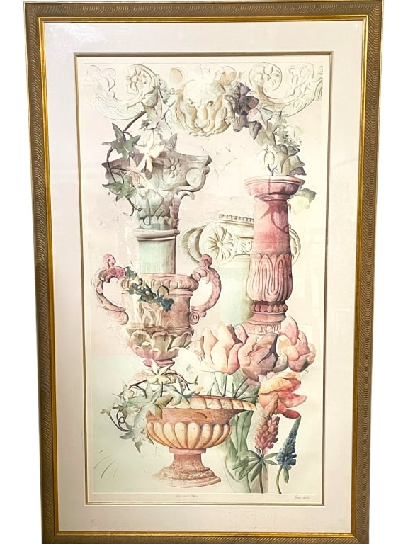 LARGE LINDA TULLIS MONOPRINT TIME AND AGAIN 75": LINDA TULLIS MONOPRINT, TITLED "TIME AND AGAIN," MARKED AS A UNIQUE 1/1 EDITION. THIS SIGNIFICANT WORK OF ART, ENCASED IN A GORGEOUS GOLD-TONED FRAME, COMMANDS ATTENTION WITH ITS IMPRESSIVE DIMENSIONS