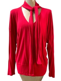 CABI RED TIE NECK SWEATER BLOUSE SZ XL
