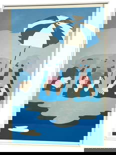 CAROL DAHL RAYS BEACH SCENE PRINT: CAROL DAHL (AMERICAN) – "RAYS" BEACH TANNING SCENE SILKSCREEN PRINTVIBRANT AND WHIMSICAL COLOR SILKSCREEN PRINT TITLED "RAYS" BY LISTED ARTIST CAROL DAHL. THIS MODERNIST BEACH SCENE FEATURES THREE F