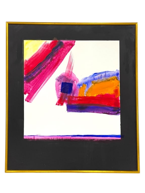 CONTEMPORARY ABSTRACT MIXED MEDIA PAINTING 33": CONTEMPORARY ABSTRACT MIXED MEDIA PAINTING 33" -VERY GOOD PRE OWNED CONDITION -APPROX 29" X 1.25" X 33" -A MODERN ABSTRACT PAINTING IN VIBRANT HUES OF FUCHSIA, ORANGE, PURPLE, AND BLUE AGAINST A WHITE