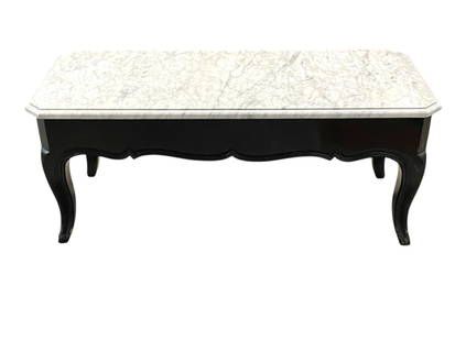 FRENCH STYLE MARBLE TOP COFFEE TABLE 36": FRENCH STYLE MARBLE TOP COFFEE TABLE – ELEGANT RECTANGULAR COFFEE TABLE FEATURING A POLISHED WHITE MARBLE TOP WITH GREY VEINING, SET ON A CLASSIC BLACK LACQUERED WOOD FRAME WITH CABRIOLE LEGS AND SE