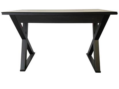 MODERN BLACK X-BASE WRITING DESK: MODERN BLACK X-BASE WRITING DESK | CONTEMPORARY BLACK WOOD FINISH WRITING OR COMPUTER DESK FEATURING A SLEEK RECTANGULAR TOP AND STYLISH X-FORM LEGS. A MINIMALIST DESIGN PERFECT FOR HOME OFFICES, STUD