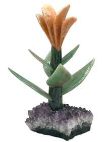 CARVED GEMSTONE FLOWER SCULPTURE ON AMETHYST BASE