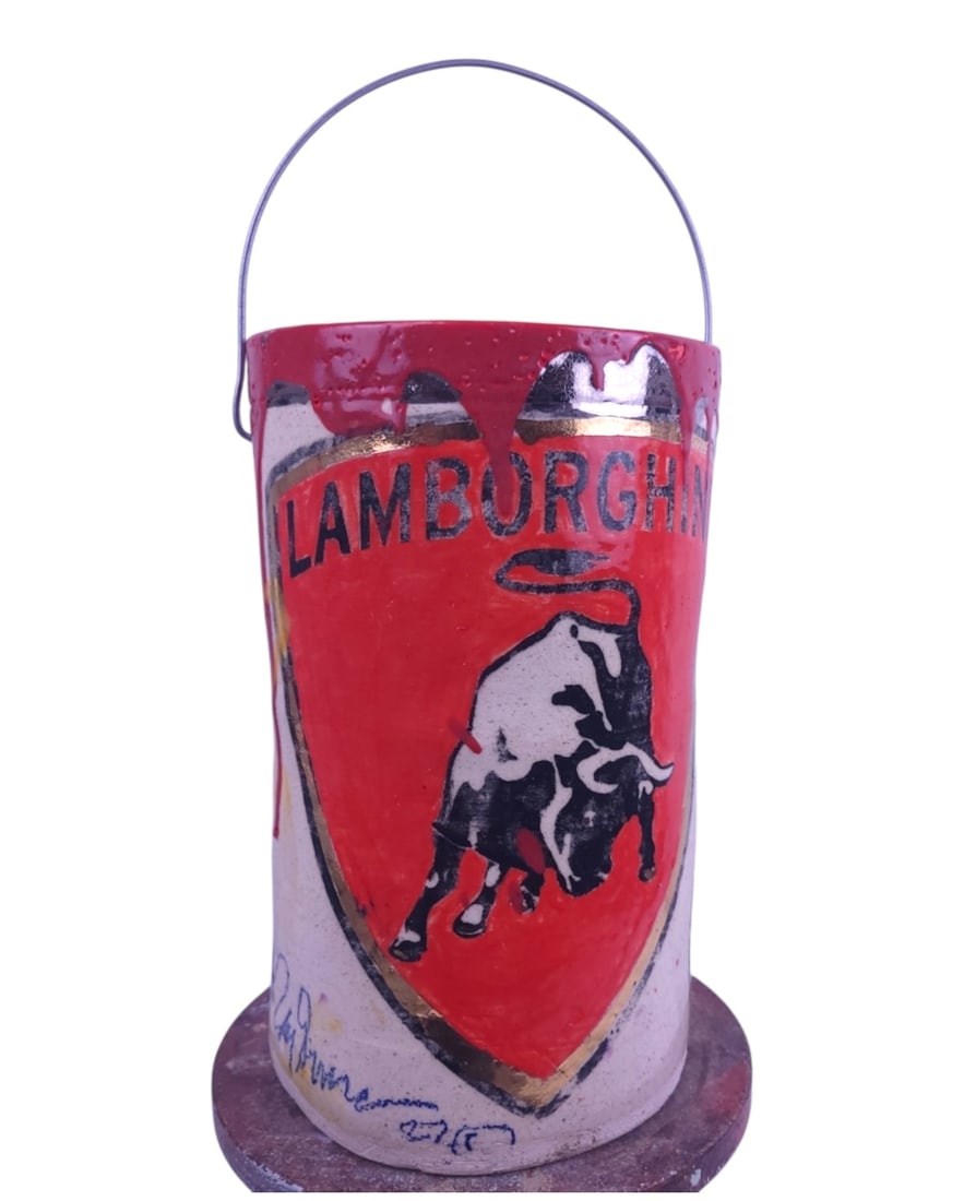 RAY GROSS RED LAMBORGHINI CAN LARGE SCULPTURE 11": AN IMPRESSIVE LARGE-SCALE RED LAMBORGHINI CAN BY MASTER CERAMIC ARTIST RAY GROSS. THIS STUNNING PIECE MEASURES 11" H X 6" W AND IS COMPLETELY WHEEL-THROWN. IT FEATURES VIBRANT UNDERGLAZE AND GLAZE FIN