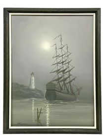 SIGNED MARITIME PAINTING OF SHIP & LIGHTHOUSE 27"