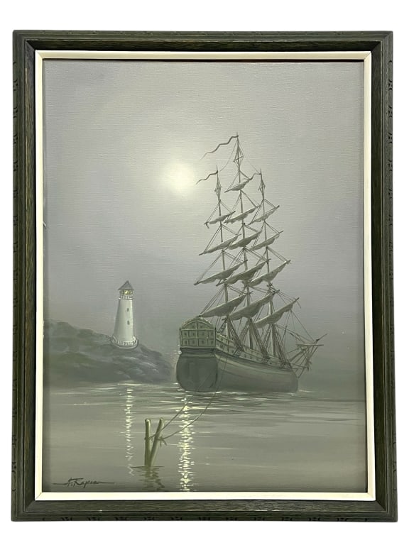 SIGNED MARITIME PAINTING OF SHIP & LIGHTHOUSE 27": SIGNED MARITIME PAINTING OF A SHIP & LIGHTHOUSE 27" -VERY GOOD PRE OWNED CONDITION -APPROX 21" X 2" X 27" -THE PIECE DEPICTS A TALL SHIP AT ANCHOR UNDER THE GLOW OF A FULL MOON WITH A LIGHTHOUSE GUIDI