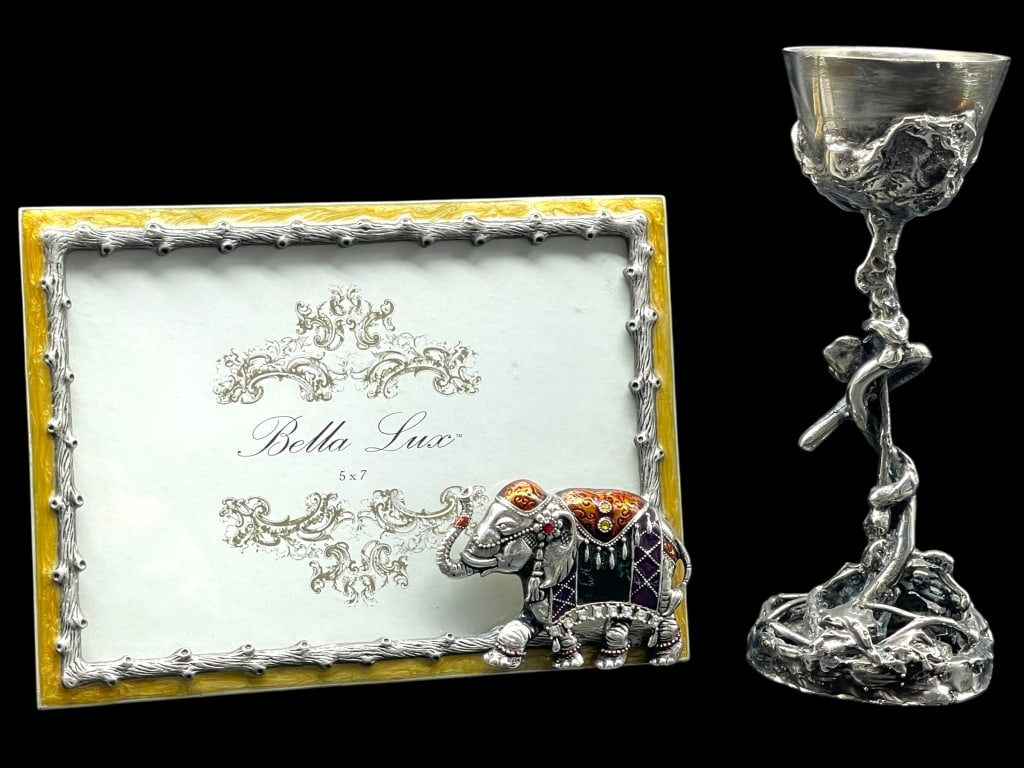 BELLA LUX ENAMELED FRAME W ENAMELED GOBLET: BELLA LUX 5X7 FRAME WITH ENAMELED ELEPHANT ACCENT & SCULPTURAL MODERNIST GOBLET WHIMSICAL AND ARTISTIC DUO FEATURING A BELLA LUX 5X7 PICTURE FRAME WITH ORNATE SILVER-TONE TRIM AND A DETAILED ENAMELED