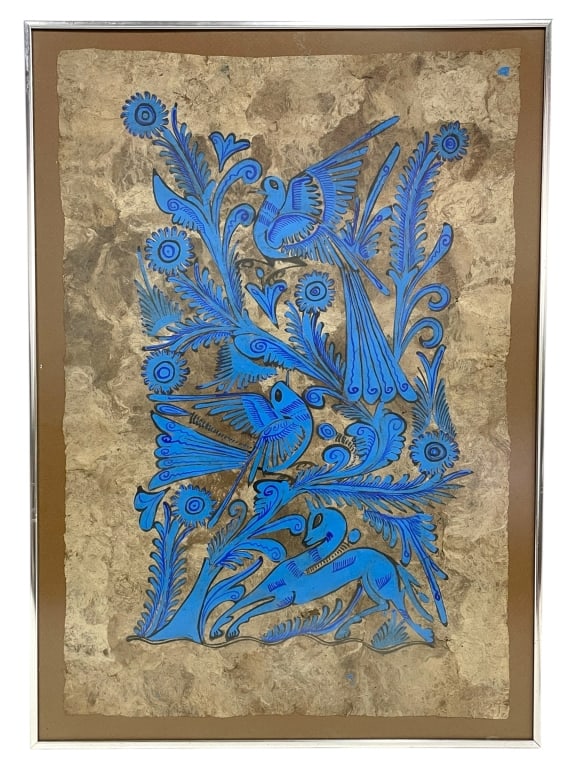 MEXICAN BARK PAPER PAINTING IN COBALT BLUE 24.5": MEXICAN BARK PAPER PAINTING IN COBALT BLUE 24.5" -VERY GOOD PRE OWNED CONDITION -APPROX 24.5" X 1" X 17.5" -THIS PIECE SHOWCASES TRADITIONAL OTOMI FOLK DESIGNS IN VIBRANT COBALT BLUE, DEPICTING STYLIZ