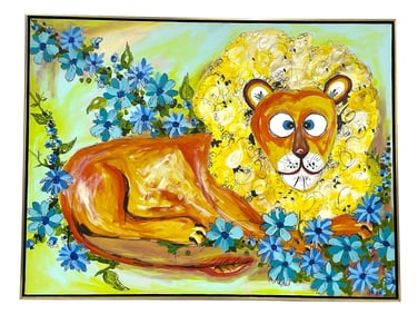 LION PAINTING WITH FLORAL ACCENTS 41"
