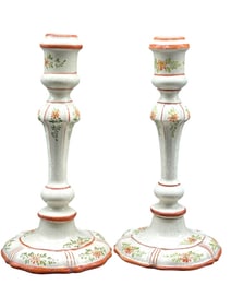 PAIR OF HAND-PAINTED FAIENCE CANDLESTICKS