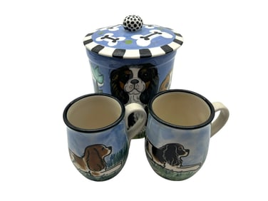 SET OF 3 KAREN DONLEAVY SPANIEL MUGS  AND JAR