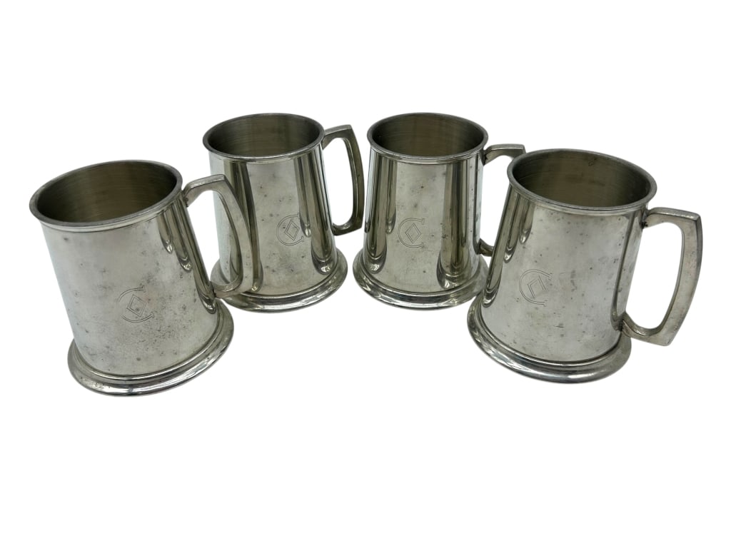 SET OF 4 PEWTER LENORD EALES OF SHEFFIELD TANKARDS: SET OF 4 PEWTER LENORD EALES OF SHEFFIELD TANKARDS -VERY GOOD PRE-OWNED CONDITION -APPROX 4.5" -CLASSIC, STURDY DESIGN WITH A TRADITIONAL TANKARD SHAPE AND ENGRAVED “C” MONOGRAM. PERFECT FOR D