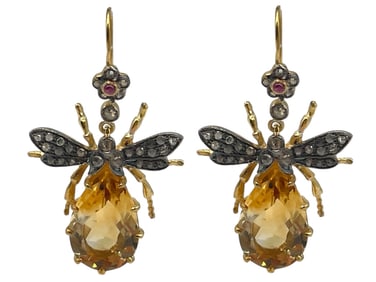 9K GOLD AND SILVER INSECT DROP EARRINGS 7.83G