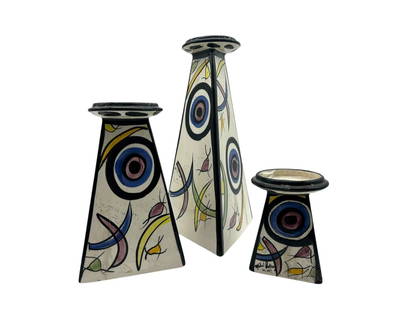 MICHAEL ANTHONY MODERNISTIC CANDLE HOLDERS: MICHAEL ANTHONY PAINTED CERAMIC CANDLE HOLDERS _x005F SET OF 3 MICHAEL ANTHONY HAND PAINTED CERAMIC CANDLE HOLDERS _x005F -VERY GOOD PRE-OWNED CONDITION_x005F -LARGE PIECE, APPROX 16.5"_x005F -MEDIUM