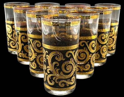 SET OF 10 MID CENTURY BAROQUE HIGHBALL GLASSES: SET OF 10 MID CENTURY MODERN BAROQUE HIGHBALL GLASSES_x005F -GOOD PRE OWNED CONDITION, SOME GENERAL WEAR_x005F -APPROX 5.5"_x005F -10 GLASSES_x005F -JA 021925 / RL 072825_x005F _x005F _x005F _x005F _x
