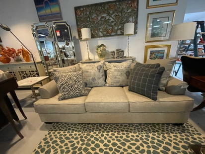 NEUTRAL 3 CUSHION SOFA W PILLOWS: NEUTRAL THREE-CUSHION SOFA WITH ASSORTED DECORATIVE PILLOWS | NEUTRAL UPHOLSTERED THREE-CUSHION SOFA FEATURING ROLLED ARMS AND A CONTEMPORARY SILHOUETTE. THE SOFA COMES WITH MULTIPLE DECORATIVE THROW