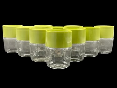 10 VINTAGE PYREX GLASS CANISTERS W/ GREEN LIDS