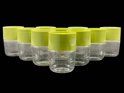 10 VINTAGE PYREX GLASS CANISTERS W/ GREEN LIDS: 10 VINTAGE PYREX GLASS CANISTERS W/ GREEN LIDS_x005F -GOOD PRE OWNED CONDITION, SOME WEAR ON LIDS_x005F -APPROX 3.75" X 2.5"_x005F -SET OF TEN VINTAGE PYREX GLASS CANISTERS WITH BRIGHT LIME GREEN PLAS