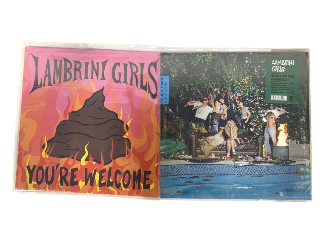 TWO LAMBRINI GIRLS RECORDS: TWO LAMBRINI GIRLS RECORD_x005F -NEW IN WRAPING_x005F -2 RECORDS_x005F YOU'RE WELCOME – BY LAMBRINI GIRLS_x005F WHO LET THE DOGS OUT – BY LAMBRINI GIRLS (ROUGH TRADE EXCLUSIVE)_x005F -BW 072825_x0