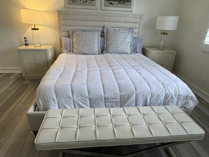 CHANNEL TUFTERD UPHOLSTERED BED KING: UPHOLSTERED KING SIZE BED FRAME WITH CHANNEL-TUFTED HEADBOARD - 60" H X 79" W X 89" D. INCLUDES HEADBOARD, FOOTBOARD, AND FRAME ONLY. SLEEK MODERN DESIGN WITH LIGHT NEUTRAL FABRIC AND STURDY WOOD LEGS