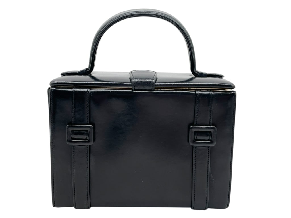 VINTAGE BLACK LEATHER BOX-STYLE HANDBAG (1 of 8)