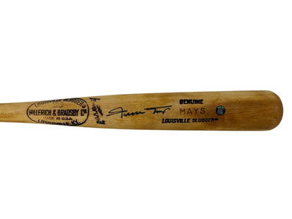 WILLIE MAYS SIGNED LOUISVILLE SLUGGER BASEBALL BAT: WILLIE MAYS SIGNED LOUISVILLE SLUGGER BASEBALL BAT, FEATURING AUTHENTIC ENGRAVINGS AND SIGNATURE WITH OFFICIAL HOLOGRAM STICKER FOR VERIFICATION. -VERY GOOD CONDITION -MEASURES 33" X 2.5" -MAS72925 By