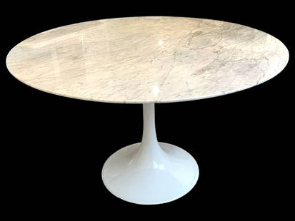 KNOLL STYLE TULIP BASE DINING TABLE W MARBLE 47": ROUND MARBLE-TOP TULIP-BASE DINING TABLE – MODERN MID-CENTURY STYLESTUNNING ROUND MARBLE-TOP DINING TABLE FEATURING A POLISHED WHITE BASE IN THE ICONIC TULIP DESIGN. THE CLASSIC SINGLE-PEDESTAL STYL