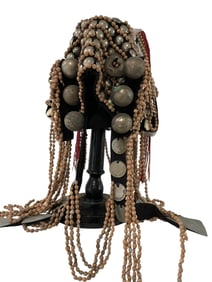 ETHNIC TRIBAL BEADED HEADDRESS W COINS & SHELL
