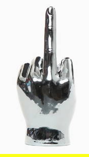 SILVER MIDDLE FINGER TABLETOP SCULPTURE 9": SILVER MIDDLE FINGER TABLETOP SCULPTURE 9" -NEW -3" x 3.5" x 9" -THE SILVER MIDDLE FINGER TABLETOP HAND SCULPTURE DELIVERS A BOLD, METALLIC STATEMENT WITH ITS SLEEK, MODERN DESIGN AND EDGY ATTITUDE. I