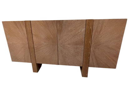 CONTEMPORARY WOODEN CREDENZA 60": CONTEMPORARY WOODEN CREDENZA – MEASURING APPROXIMATELY 32" HIGH X 60" WIDE X 21" DEEP, THIS STYLISH CREDENZA FEATURES A STRIKING SUNBURST VENEER DESIGN ACROSS ITS FOUR DOORS. THE CLEAN LINES AND ANG